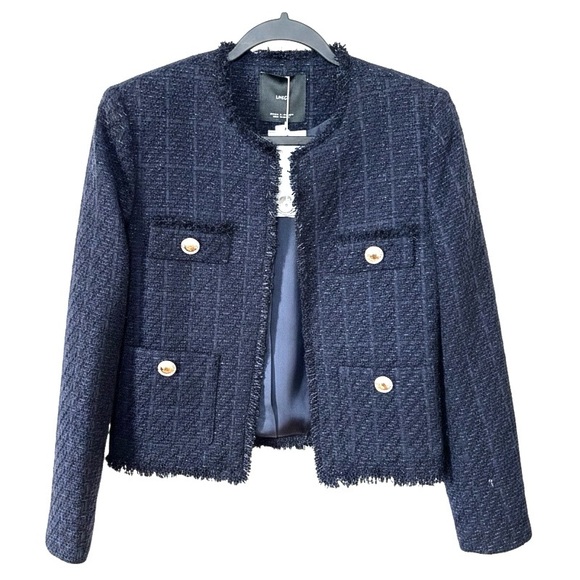 Mango Jackets & Blazers - NWT Mango Cropped Tweed Blazer Jacket Navy Blue XS Chic Classic Preppy Parisian
